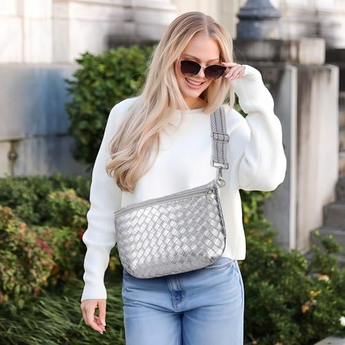 KALIDI Woven Crossbody Bags for Women Travel Vegan Leather Fanny Packs for Woman Men Cross Body Purse Fashion Belt Bum Bag - color: Silver