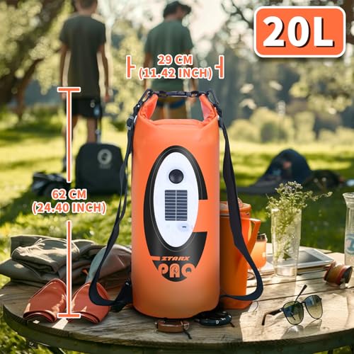 FELICON Waterproof Dry Bag Backpack with Bluetooth Speaker, 20L Roll Top Floating Sack, Solar & USB-C Powered Emergency Charger, RGB Light, Heavy Duty PVC for Kayaking Camping, Orange - color: Orange, size: 20L