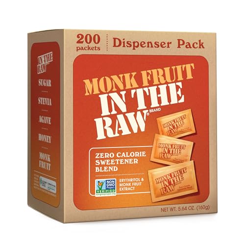 Monk Fruit In The Raw, Sweetener Packets, 200 Ct | Keto Certified Monk Fruit Sweetener Packets, Zero Net Carbs, Zero Calories, Non-GMO Project Verified, Vegan - size: 200 Count (Pack of 1)
