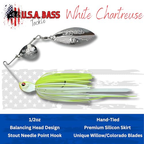 USA BASS Tackle Apache Attack Spinnerbait Type II Largemouth Smallmouth Spotted Bass Premium Fishing Bait Handtied Skirt Custom Blades Heavy Duty Hook New for 2025 - color: White Chartreuse, size: 1/2oz - Willow/Colorado