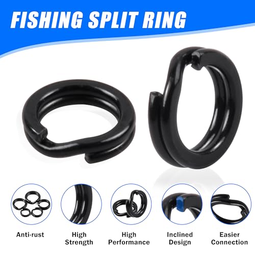 Fishing Split Rings Kit,200pcs Stainless Steel Split Rings Heavy Duty Wire Fishing Rings Fishing Lure Rings Saltwater Fishing Lure Connectors Round Solid Rings for Jigging Trolling - color: 200pcs Black Rings Kit