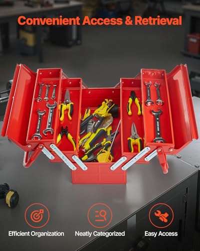 VEVOR Metal Tool Box, 18-inch, 3-Tier 5-Tray Portable Folding Tool Chest Organizer with Handle & Lock Hole, Powder Coated Steel, Cantilever Toolbox for Household Factory Warehouse Repair Shop, Red - style: 3 Tier-5 Tray