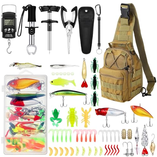 Sosation 134 Pcs Fishing Tool Fishing Tackle Box Kit and Equipment for Adults Beginner Gift, Hook Remover, Pliers Kit, Backpack Tackle Container Lures, Lip Gripper, Weigh Scale - color: Khaki