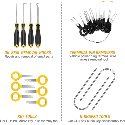GOOACC 40Pcs Trim Removal Tool,Auto Terminal Removal Key Tool,Auto Clip Pliers Stereo Removal Tools,Car Upholstery Repair Removal Kit,Precision Hook and Pick Set,Wiring Threader,Car Film Scrape-Yellow - color: Yellow