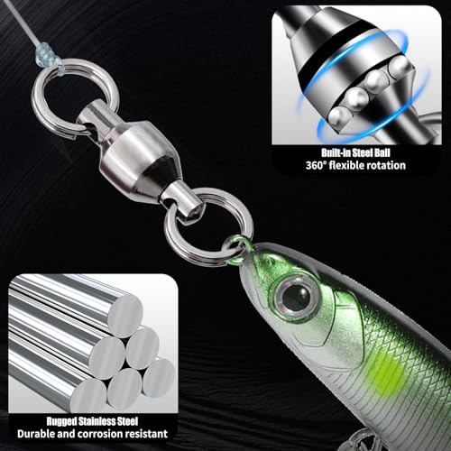 FishTrip Fishing Swivels with Split Rings, 25/50pcs Ball Bearing Swivel Speed Clips Stainless Quick Change Connector for Saltwater - size: Size 8_115lbs_25pcs
