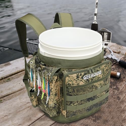 Fishing Bucket Backpack with Rod & Plier Holder and Pockets for Fishing, Hunting, Apple Picking for 5 Gallon Bucket (Camo) - color: Camo