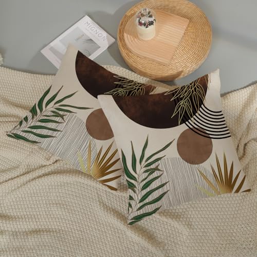 Brown Boho Pillow Covers 16x16 Inch 2 Pcs Tan Tropical Leaf Mid Century Summer Outdoor Decor Throw Pillows Modern Geometric Farmhouse Decoration Pillowcase Linen Cushion Cover for Couch Sofa - color: Brown Boho, size: 16" x 16" (Pack of 2)