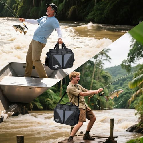 Handor Waterproof Fishing Tackle Bag, Large Saltwater Resistant Storage, 1000D PVC Material, Holds 3600 3700 Trays (Black and Gary, Medium Bag) - color: Black and Gary, size: Medium Bag