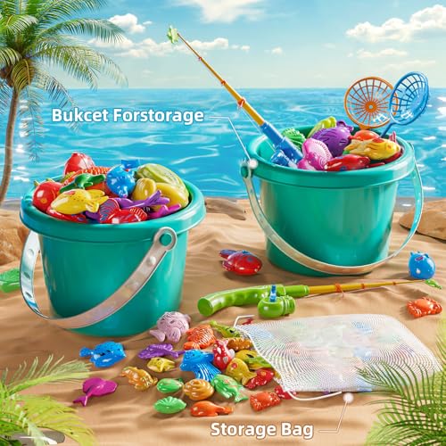 NIPLOOOW Magnetic Fishing Game Pool Toys for Kids 3-5, Water Table Bathtub Kiddie Party Toy with Pole Rod Net Plastic Floating Fish, Outdoor Toys for Kids Age 3 4 5 6 7 8 Year Old - style: 58PCS