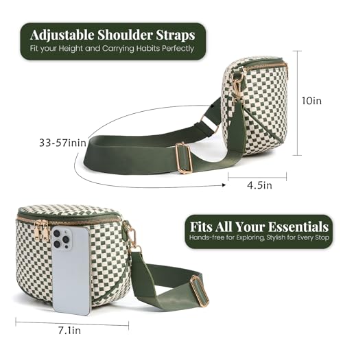 Woven Vegan leather Crossbody Bags For Women, Checkered Fashion PU Bum Bag Waist Pack, Travel Sling Purse with Adjustable Strap（Bean Green) - color: White and Bean Green