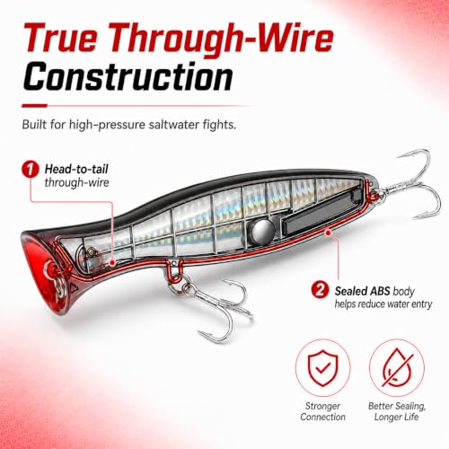 6.2 Inch 2.73 oz Saltwater Topwater Popper Fishing Lures with 3/0 4X Strengthened BKK Treble Hooks, Through-Wire for Strength & Durability, Target GT, Tuna, Sea Bass, Marlin - color: B1-2.73OZ-6.2''