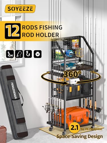 SOYEEZE Fishing Rod Holders for Garage, Fishing Pole Holders Up to 12 Rods with Pegboard and Hooks,Rolling Fishing Cart with Wheels, Fishing Gear Storage For Tackle Box & Reel Organization - color: Black-3-Sided, size: 3-Sided 6 hooks