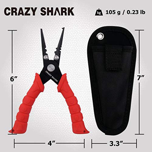 Fishing Pliers, Stainless Steel Fishing Tools, Saltwater Resistant Fishing Gear, Tungsten Carbide Cutters, Split Ring Pliers, Hook Remover with Coiled Lanyard and Sheath - color: Red - 6" Split Ring Nose