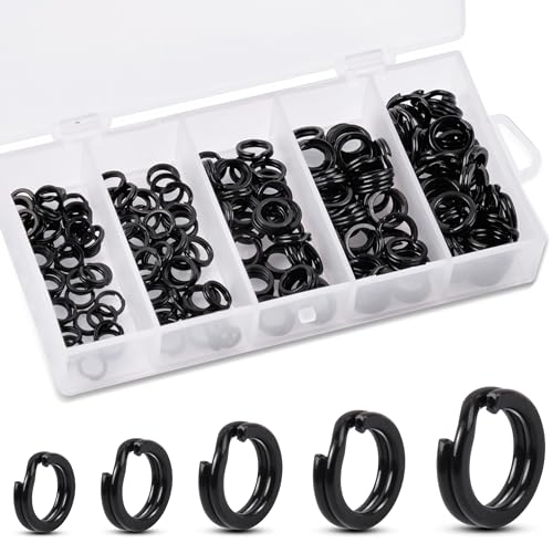 Fishing Split Rings Kit,200pcs Stainless Steel Split Rings Heavy Duty Wire Fishing Rings Fishing Lure Rings Saltwater Fishing Lure Connectors Round Solid Rings for Jigging Trolling - color: 200pcs Black Rings Kit