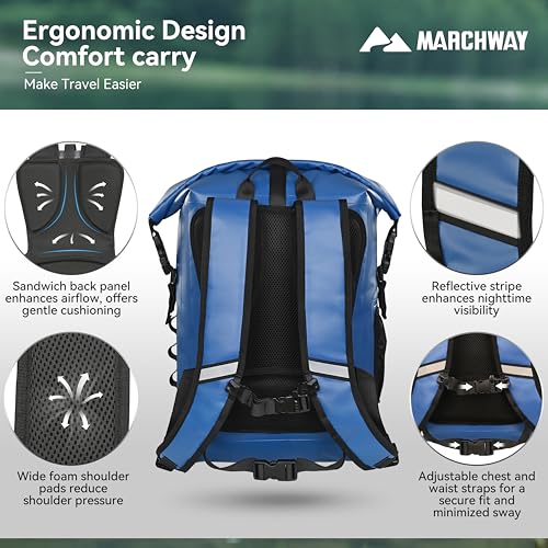MARCHWAY Roll Top Waterproof Backpack, Floating Dry Bag 20L/30L/45L with Ergonomic Rectangular Base, Cushioned Back, Hip Strap for Hiking Camping Kayaking Travel (Blue, 45L) - color: Blue, size: 45L
