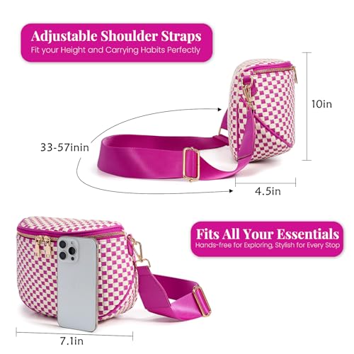 Woven Vegan leather Crossbody Bags For Women, Checkered Fashion PU Bum Bag Waist Pack, Travel Sling Purse with Adjustable Strap（Rose) - color: White and Rose