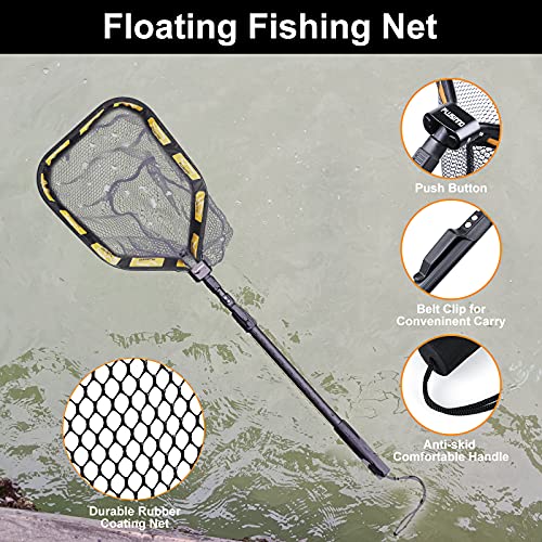 PLUSINNO Floating Fishing Net for Steelhead, Salmon, Fly, Kayak, Catfish, Bass, Trout Fishing, Rubber Coated Foldable Landing Net with Fixed or Telescoping Pole Handle, Fishing Gear and Gifts for Men - color: 11.8"/30cm Hoop Size 1.0M Orange (Telescopic P