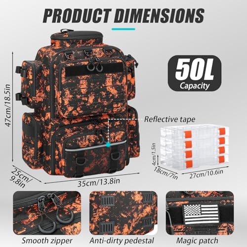Tactical Fishing Tackle Backpack with Tackle Boxes, Rod Holders & Bottle Holder, 50 L Large Fishing Tackle Box Backpack with Cooler, Fishing Bag with Trays Store Gear & Equipment, Mars CM - color: Mars CM