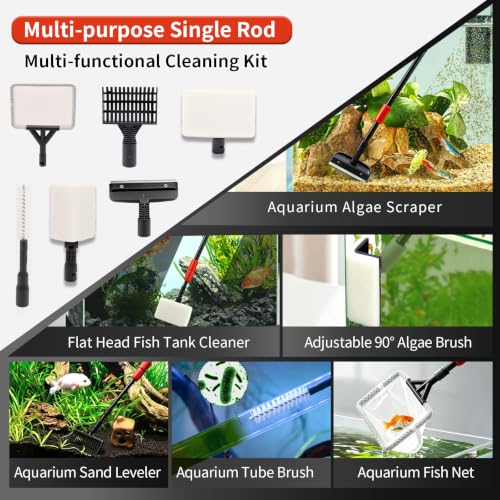 UPETTOOLS Aquarium Clean Tool 6 in 1 Fish Tank Cleaning Kit Algae Scraper Scrubber Pad Adjustable Long Handle Fish Tank Brush Cleaner Set