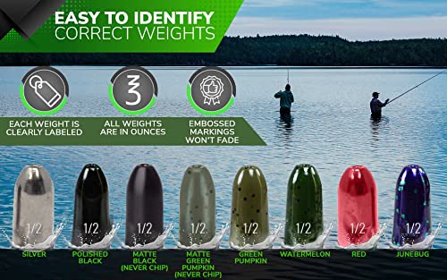 Reaction Tackle Tungsten Worm Weights for Bass Fishing - Bullet Sinkers for Texas Rig and Carolina Rig - Size Stamped Freshwater and Saltwater - color: Black, size: 3/16 oz (8-Pack)