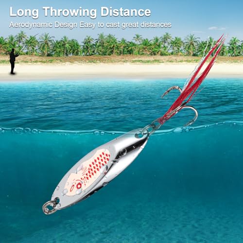 Goture Metal Spoon Trout Lures - Long Distance Casting for Trout, Bass, Crappie, Pike, Salmon - Saltwater & Freshwater - 1/4oz to 1-3/8oz Jigging Spoons - color: A:4pcs Fishing Spoons with Feather, size: 1 oz