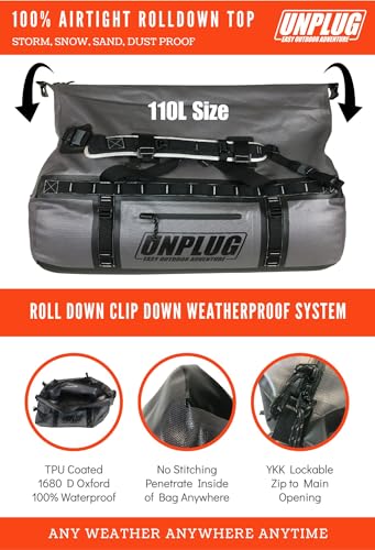 UNPLUG Ultimate Adventure | 1680D Heavy Duty Waterproof Bag | Large Travel Bag which can be Used for Camping, Motorcycling, Boating, or Hunting|110L Storm Grey - color: Storm Grey, size: 110L