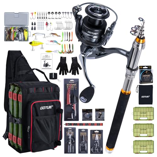 Goture Fishing Kits for Adult,Fishing Pole and Reel Combo, OpenSide Fishing Sling Tackle Storage Bag with 3 Tackle Boxes,Gift for Men - color: Black 12L bag + 3600 trays, size: 7FT/2.1M