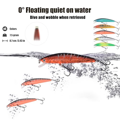 EXAURAFELIS Hard Jerkbait Kit Fishing Lures Set Including Minnow Popper Crank Baits with Hooks for Saltwater Freshwater Trout Bass Salmon Fishing Shallow Deep Diving Flat Side Crankbaits