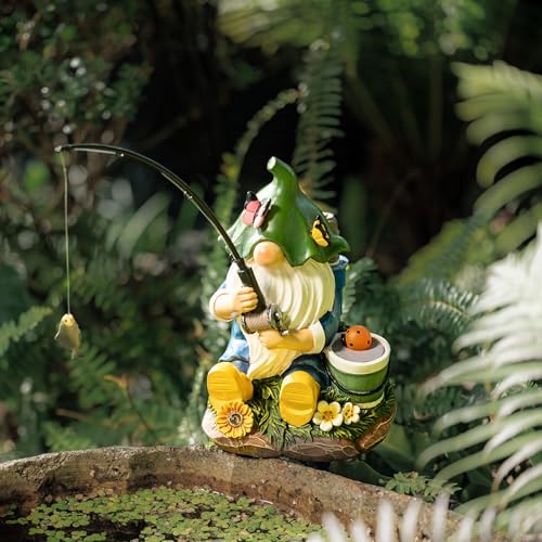 TERESA'S COLLECTIONS Resin Outdoor Statue with Solar Outdoor Lights for Garden Decor,Christmas Garden Gnome Fishing for Outside Yard Porch Patio Lawn,Ideal Gift for Women and Man 8.9" - size: Large