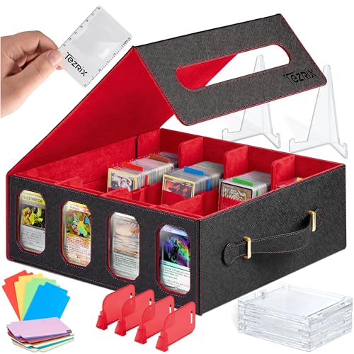 4-Row Mtg Trading Card Storage Box With Display Windows - Magnifier Ruler, 2 Display Stands, 6 Cardholders - 3000+ Card Case With Magnetic Closure, Sports TCG Card Organizer - Red Card Boxes - color: Black, Red (4 Row)