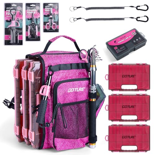 Goture OpenSide Tactical Sling Tackle Bag with 3 Tackle Trays,Lures & Fishing Tools, Lightweight Fishing Backpack Storage for Fishing Gear-Shimmering Pink Bag, Gift for Women - color: Shimmering pink, size: Small bag with 3600 trays, style: Bag + Fishing