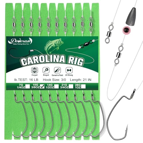 Dovesun 10/5PCS Ready Tied Carolina Rig Kit for Bass Fishing Catfish Rig Catfish Hook Kit with Bass Hooks, Swivel, Fluorocarbon Line, Weights - color: 10PCS, size: Size3/0 - Weight3/8oz