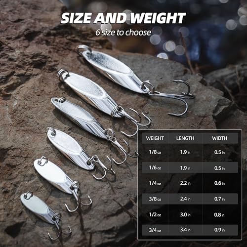 Jigging Spoon Fishing Lure Set 6-Pack Metal Saltwater & Freshwater Casting Spoon Hooks Premium Durable Treble Hooks for Bass, Salmon & Trout Fishing - size: 3/4 oz