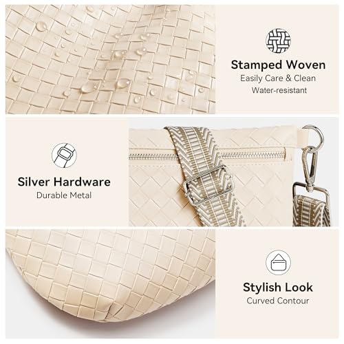 KALIDI Woven Crossbody Bags for Women Travel Vegan Leather Fanny Packs for Woman Cross Body Purse Fashion Belt Bum Bag with Wide Strap - color: Beige