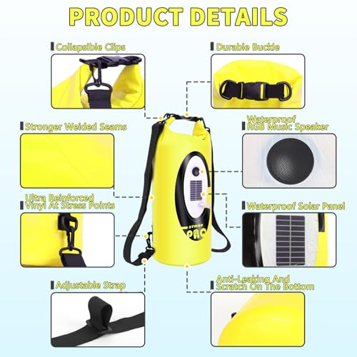 FELICON Waterproof Dry Bag Backpack, 20L, Neon Yellow | Bluetooth Speaker, Roll Top Floating Sack, Solar & USB-C Powered Emergency Charger, RGB Light - color: Neon Yellow, size: 20L