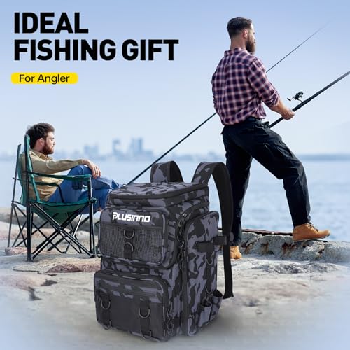 PLUSINNO Fishing Backpack with Fishing Rod Gear Holders Tackle Box, 42L Large Water-resistant Tackle Backpack Store Tools, Gear - color: Backpack With Rod