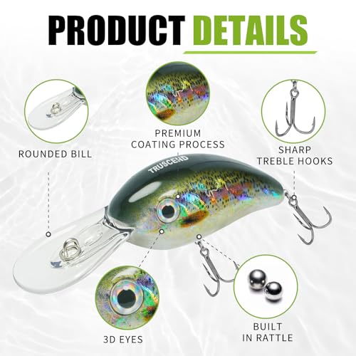 TRUSCEND Shallow or Deep Diving Crankbait with BKK Hooks, Wobble Fishing Lures for Bass Trout Crappie Walleye, Sinking Lipless Vibe Crank Bait for Bass Pike, Amazing Swimbait for Family Fishing - color: A1-2",0.37oz