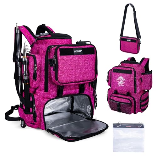 Goture Fishing Backpack, 58L 900D Water-Resistant Insulated Tackle Backpack with Cooler, Rod Holders, 8 Lure Pockets, Detachable Crossbody Bag, Gear Storage Large Fishing Bag for Camping Hiking - color: Bling Pink