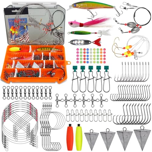 Saltwater Gear Surf Fishing Tackle Kit, Include Saltwater Lures, Pyramid Sinker Weights, Bucktail Jigs, Spoons, Leader Rigs, Catfish Hooks Swivels, Pier Ocean Sea Surf Fishing Freshwater Accessories
