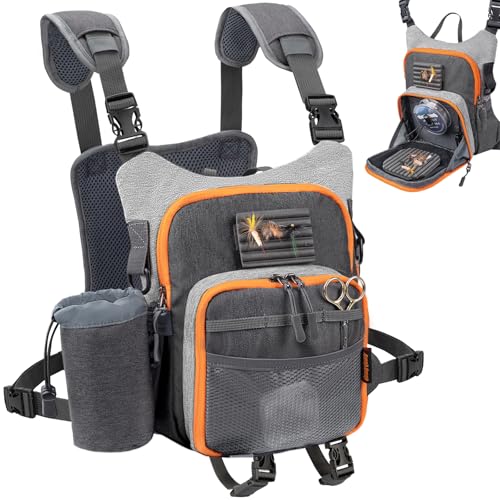 QulayQualy Fly Fishing Pack - Chest Pack with Work Station Lightweight Tackle Fishing Bag with Quick-Release - color: Orange & Grey, size: L-12''