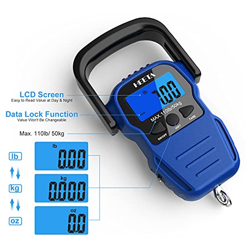 HEETA Fish Scale with Backlit LCD Display, Up to 110lb/50kg Digital Portable Hanging Fish Weight Scale with Hook & Measuring Tape for Home, Farm, Outdoor, Hunting, Fishing, 2 AAA Batteries Included - color: Blue
