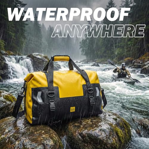 Large Waterproof Duffel Bag 66L - Heavy Duty Dry Bag for Motorcycle Touring, Sailing, Camping - 100% Watertight Travel Duffle Bag Backpack with Air Valve & Reflector - color: yellow, size: 66L