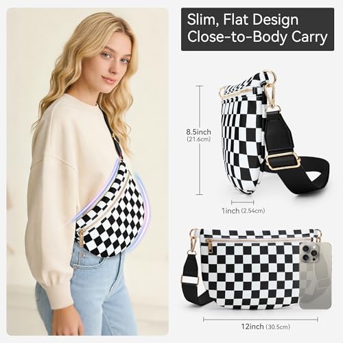 KALIDI Checkered Crossbody Bags for Women Travel Flat Fanny Packs for Woman Men Nylon Cross Body Purse Fashion Belt Bum Bag - color: Black Checkered
