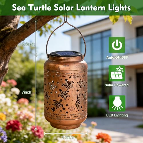 HONGLAND Sea Turtle Solar Lanterns Outdoor Waterproof Hanging Garden Decor, Gifts for Mom Grandma Women, Solar Lights Metal LED with Shepherd Hook for Patio Yard Porch Lawn - color: Sea Turtle