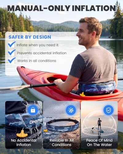 Owntop Manual Inflatable Belt Pack, Adults Swim Jacket with Blowpipe & Whistle, 24g CO2 Cylinder Included, Low Profile for Kayaking, Fishing, Paddle Sports - color: Camo Blue, size: One Size