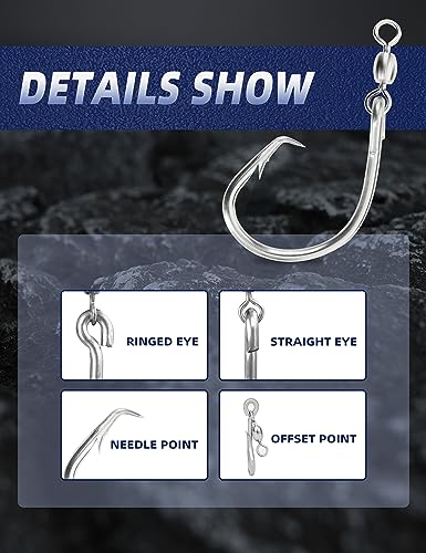 BLUEWING Offset Circle Hook with Swivel Stainless Steel 5pcs/10pcs Extra Sharp for Freshwater Saltwater Big Game Fishing - style: Size 07: 15/0, 5pcs