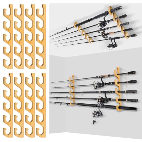 PLUSINNO H5W Horizontal Fishing Rod/Pole Holders for Garage, Wall or Ceiling Mounted Rack, Solid Wood Fishing Rod Holder Holds up to 5/10/20 Rods or Combos Fishing Gear, Gifts for Men - color: 4pack(store 20 fishing rods or combos)