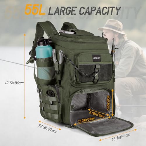 Goture Fishing Backpack, 900D Water-Resistant Tackle Bag with Rod Holders, Insulated Cooler Compartment, 55L Large Capacity Fishing Gear Storage for Saltwater&Freshwater Camping Hiking,Gifts for Men - color: A2:green(without Tackle Boxes)