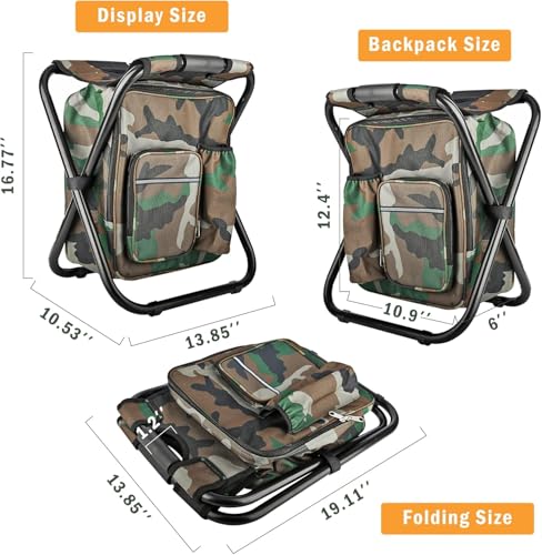 Kikerike Folding Stool Backpack Insulated Cooler Bag, Collapsible Camping Hunting Fishing Multifunction Chair with Front Pocket and Bottle Pocket for Outdoor Events, Hiking, Travel, Beach - color: Camouflage