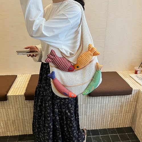 Knitted Beach Shoulder Bag for Women 3D Fish Bohemian Tote Versatile Purse Soft Hobo Handbag for Summer Vacation 2026 - color: B Khaki
